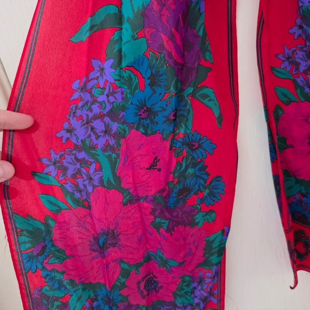 Liz Claiborne Red Silk Floral Scarf Pink Purple Teal Rectangular 10x52